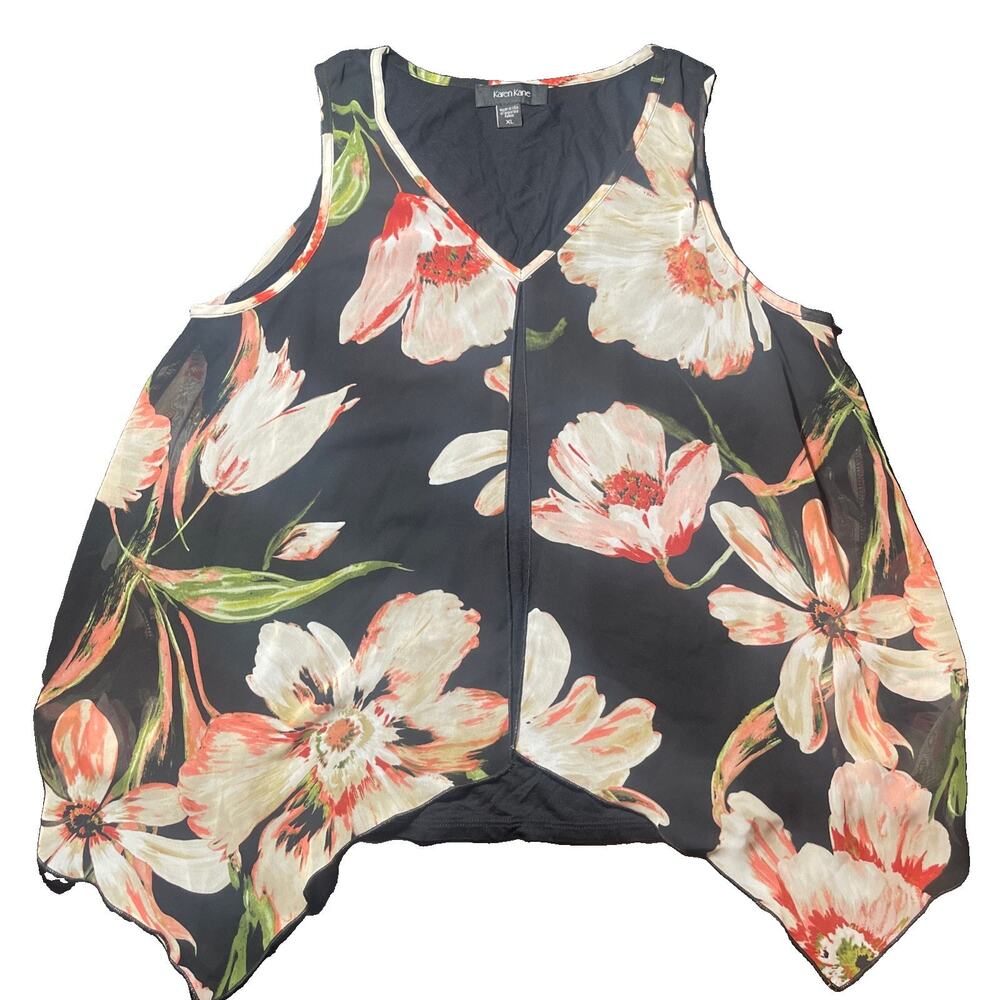 Karen Kane Women’s XL Floral Sleeveless Layered Sheer Blouse Top Black
